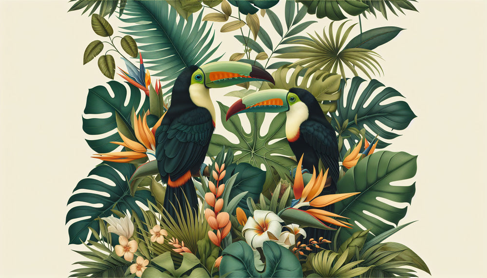 Tropical birds and monstera design file showing detailed toucan illustration pattern