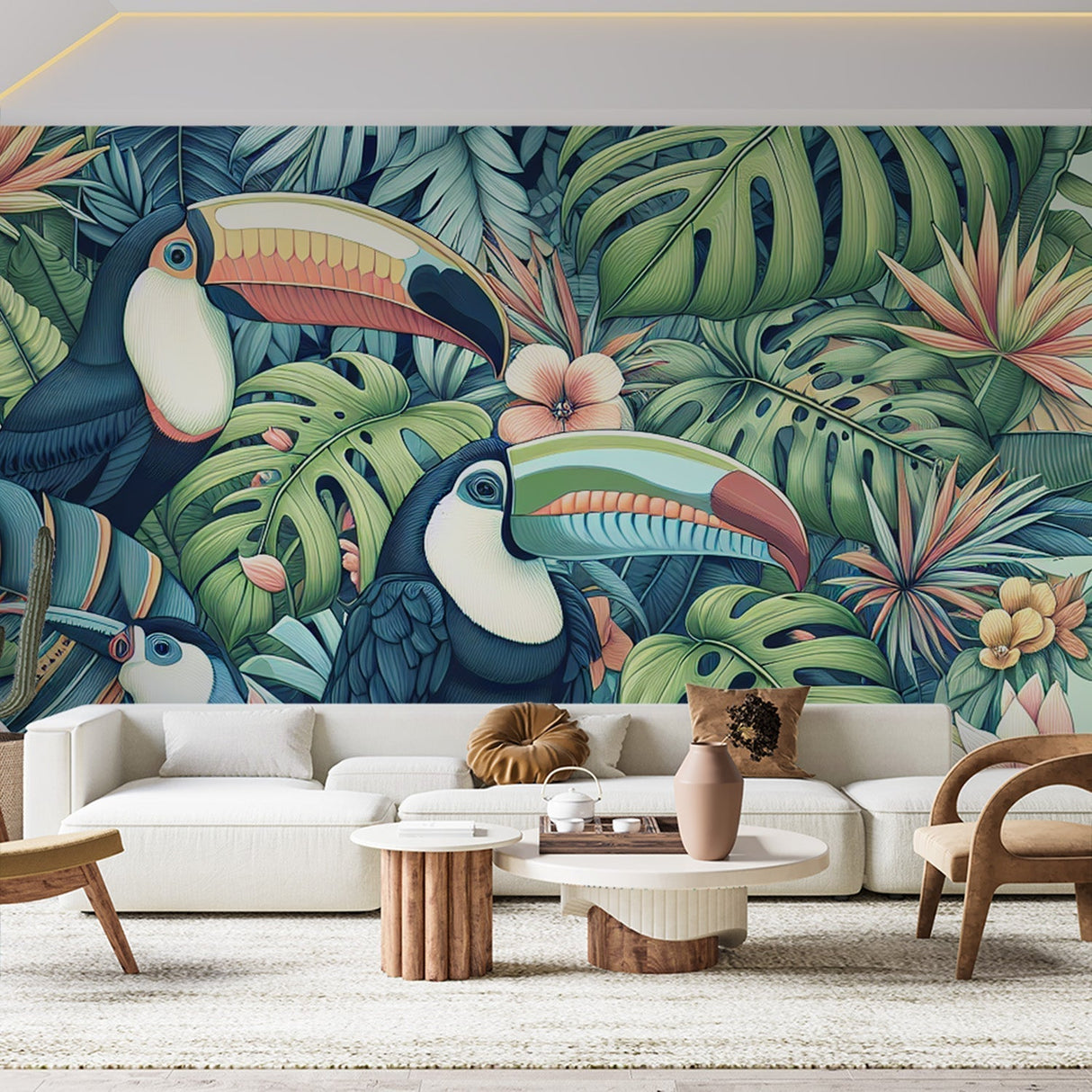 Tropical bird wallpaper with navy toucans and monstera leaves creating a stunning feature wall in a modern living room