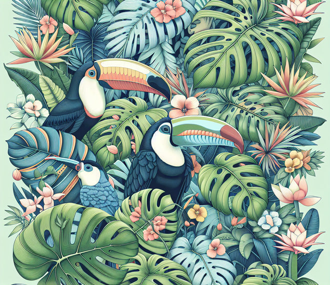 Toucan Paradise design file showing detailed navy birds and monstera pattern on white background