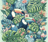 Toucan Paradise design file showing detailed navy birds and monstera pattern on white background