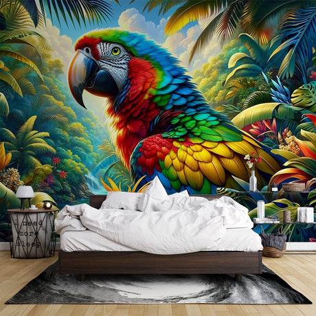 Tropical bird wallpaper with vibrant macaw creating a stunning accent wall in a modern living room with natural light