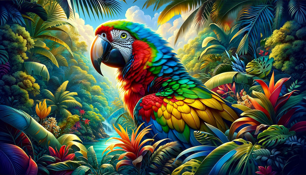 Macaw paradise wallpaper design file showing intricate details and rich tropical colors