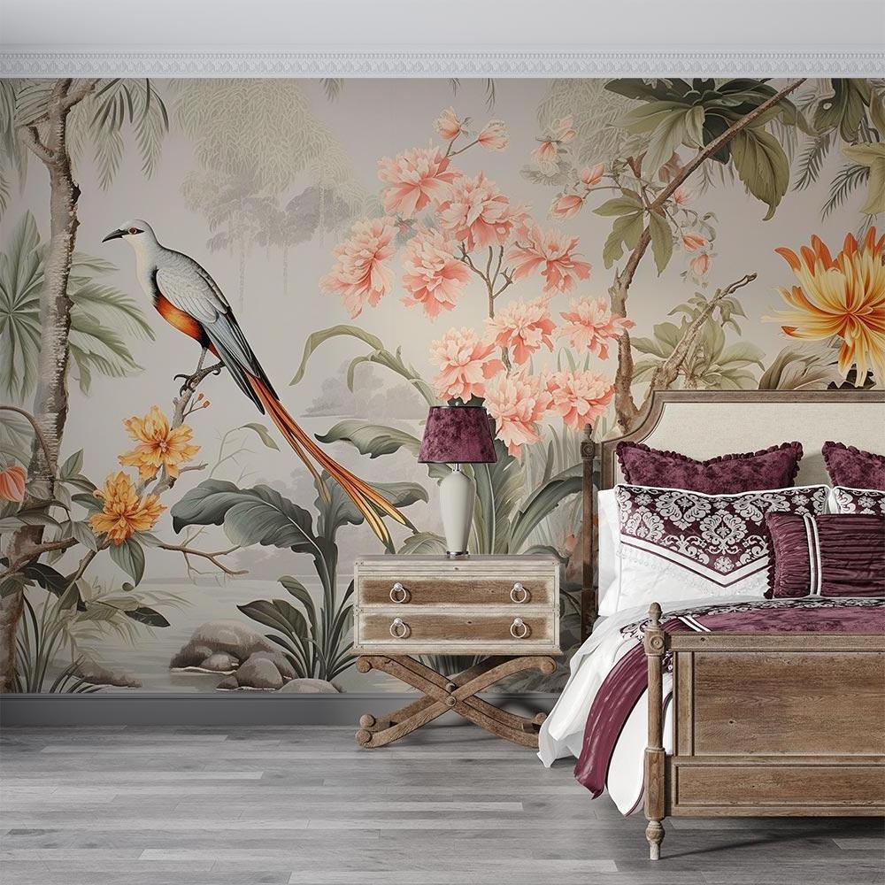 Tropical birds wallpaper creating a calm atmosphere in a modern dining room with pink and sage accents