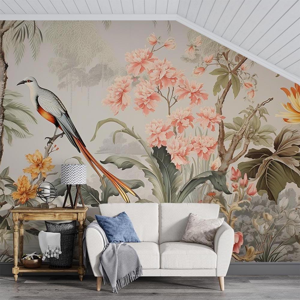 Vintage floral paradise wallpaper with birds bringing nature into a bright bedroom setting