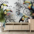 Tropical bird wallpaper with watercolor toucans in modern living room, creating a stunning accent wall