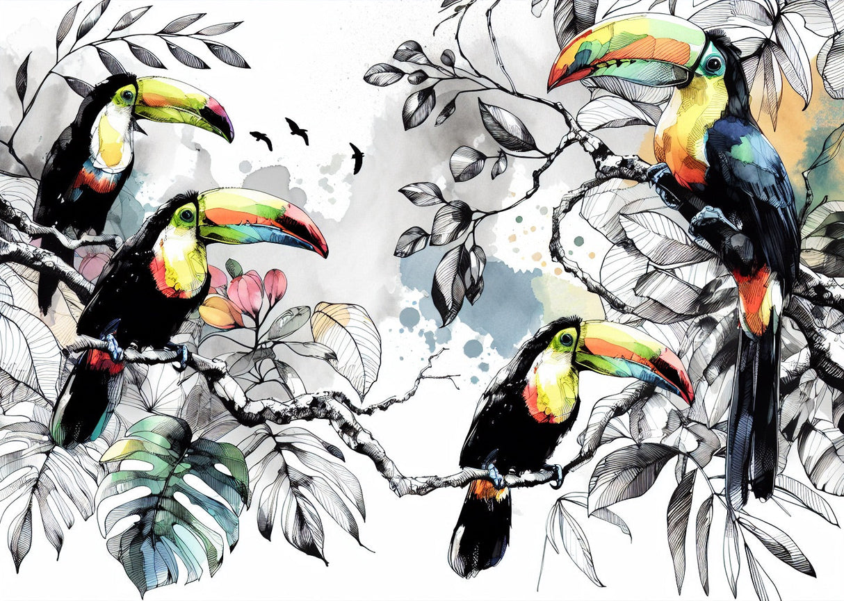 Toucan wall mural featuring black and white leaves in bright dining room setting