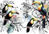 Toucan wall mural featuring black and white leaves in bright dining room setting