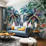 Tropical elephant wallpaper in a bright living room creating a stunning focal point with colorful palm trees