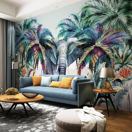 Tropical elephant wallpaper in a bright living room creating a stunning focal point with colorful palm trees