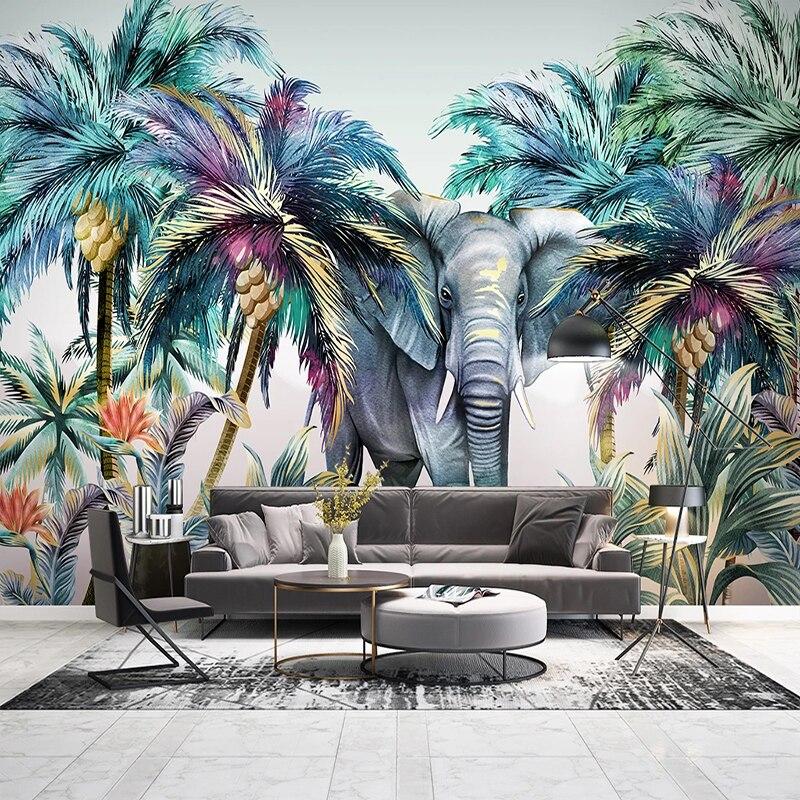 Kids bedroom featuring elephant and palm trees wallpaper bringing jungle adventures to life