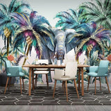 Home office with tropical elephant wall mural adding a calm, creative atmosphere