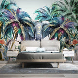 Playroom showcasing colorful elephant and palm trees wallpaper making a cheerful statement