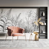 Tropical fern mural creating depth in a modern entryway