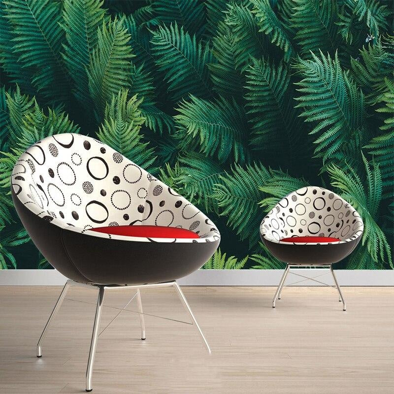 Botanical fern wallpaper transforming a home office into a forest retreat
