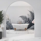 Tropical fern wallpaper in modern grey bathroom, gold accents catching morning light