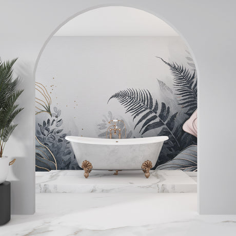 Tropical fern wallpaper in modern grey bathroom, gold accents catching morning light