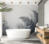 Grey and gold botanical wallpaper creating calm in master bedroom