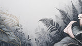 Design file showing detailed grey fern pattern with delicate gold botanical accents