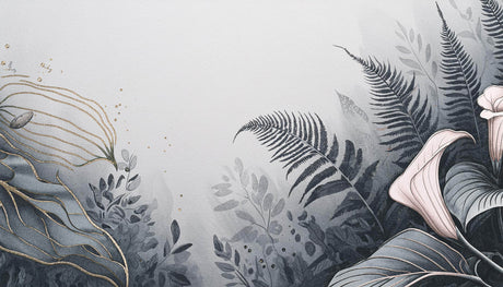 Design file showing detailed grey fern pattern with delicate gold botanical accents