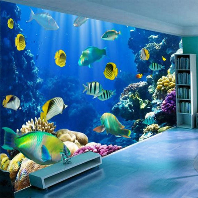 Tropical fish coral reef wallpaper bringing underwater magic to a modern living room