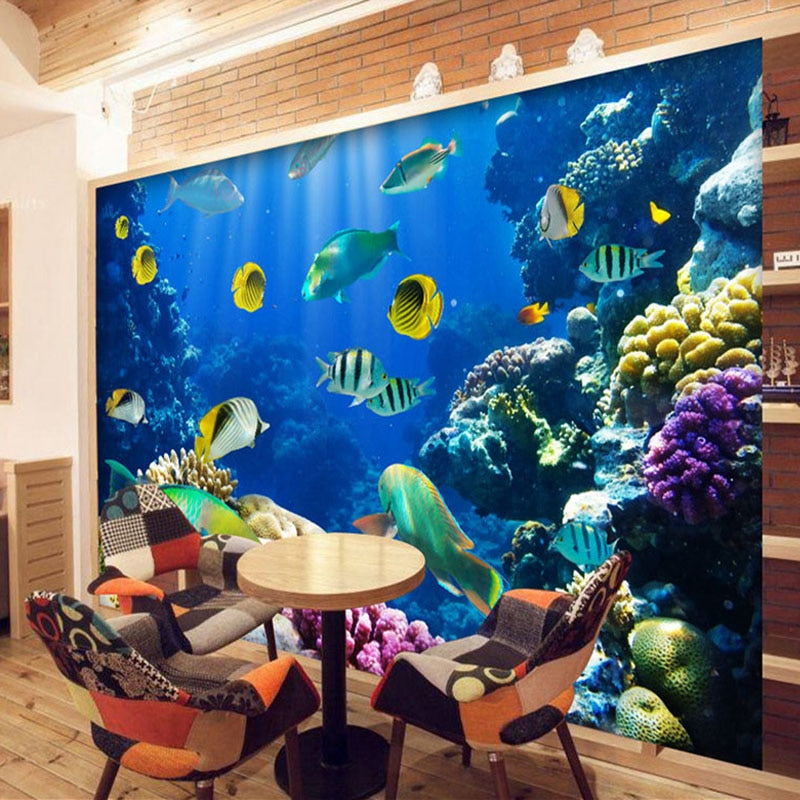 Marine life wallpaper transforming a kids bedroom into an ocean paradise