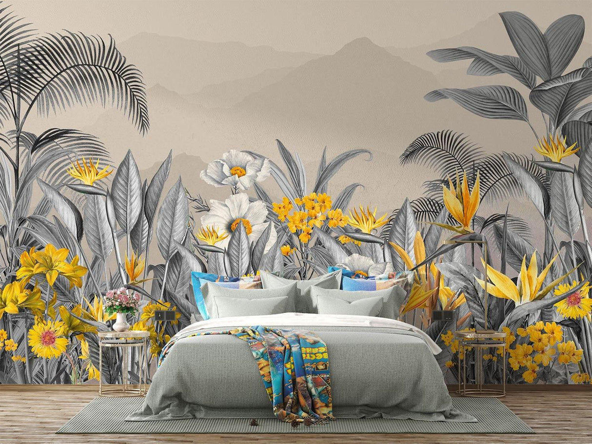 Tropical botanical wallpaper with grey palm leaves in modern living room creating serene atmosphere