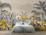 Tropical botanical wallpaper with grey palm leaves in modern living room creating serene atmosphere