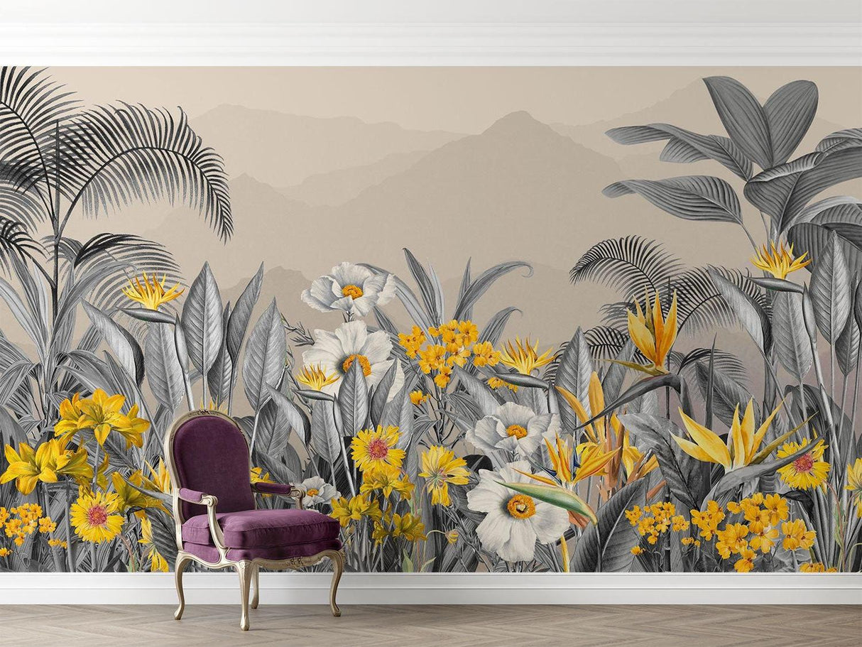 Grey tropical wallpaper with Birds of Paradise in master bedroom showing elegant contrast