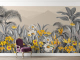 Grey tropical wallpaper with Birds of Paradise in master bedroom showing elegant contrast