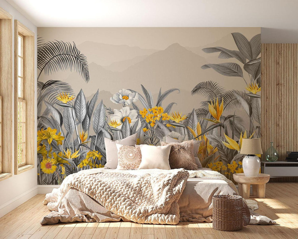 Palm leaf wall mural in dining room with golden accent lighting