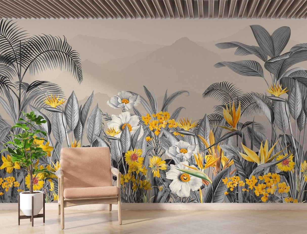 Tropical botanical mural in hotel lobby showing sophisticated grey and gold tones