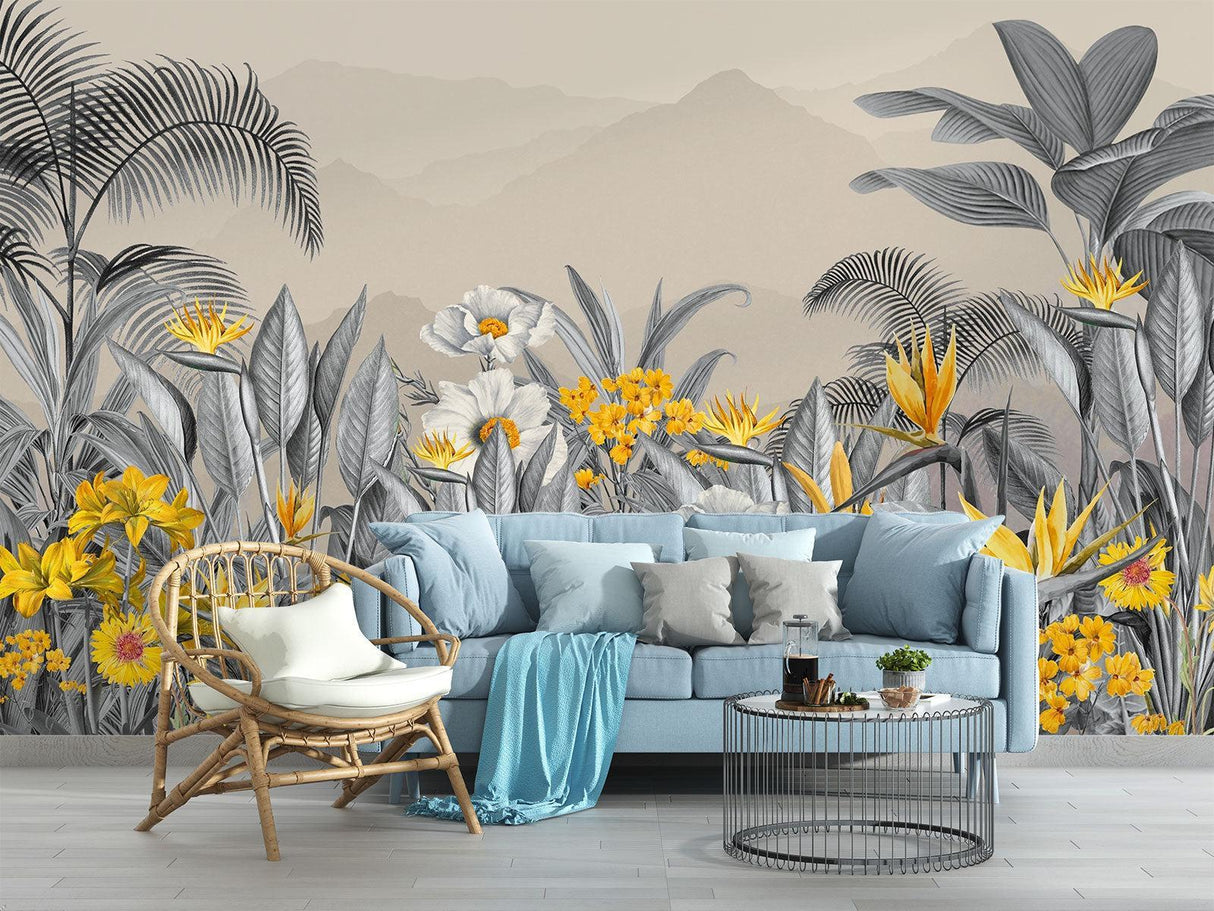 Grey palm leaf wallpaper in home office creating focus wall
