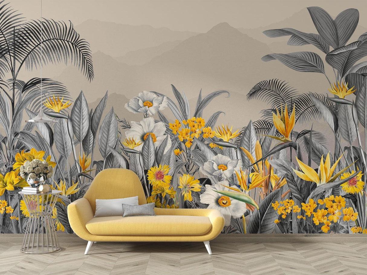Tropical wall mural in yoga studio showing peaceful grey tones