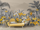 Tropical wall mural in yoga studio showing peaceful grey tones