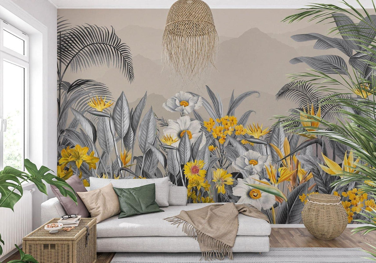 Birds of Paradise wallpaper in restaurant showing elegant grey botanical design
