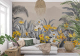 Birds of Paradise wallpaper in restaurant showing elegant grey botanical design