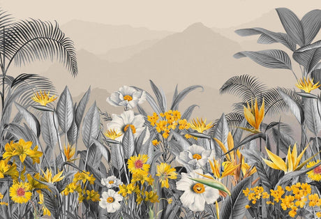 Tropical botanical wallpaper design file showing detailed grey palm leaves and golden Birds of Paradise pattern