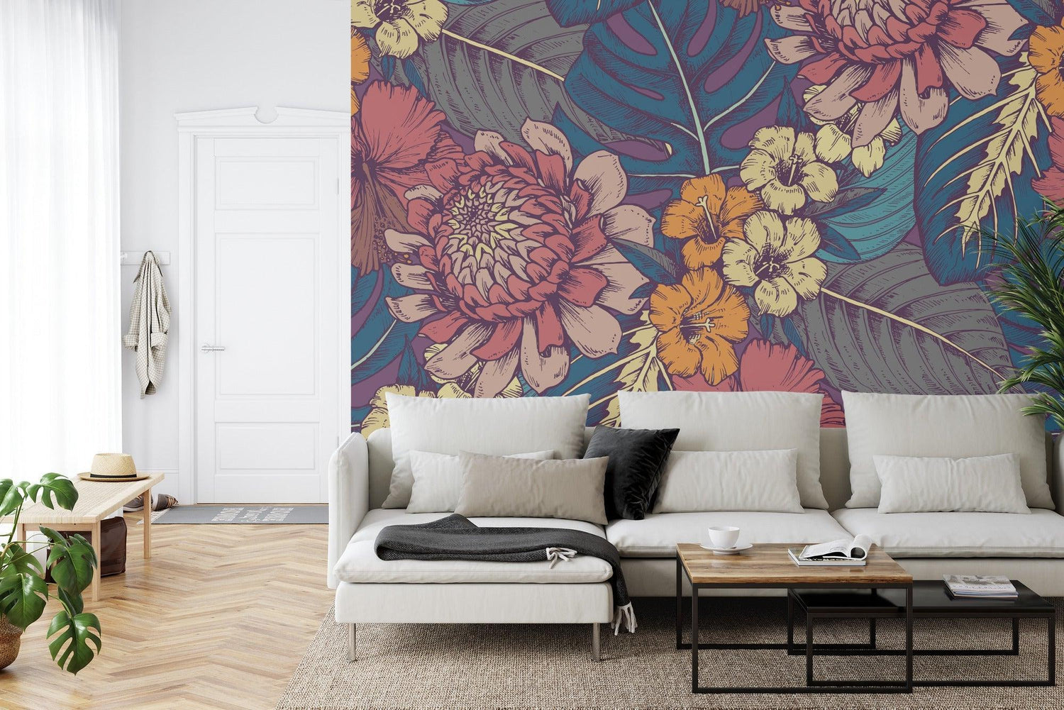 Vintage hibiscus wall mural brightening up a master bedroom with soft morning light