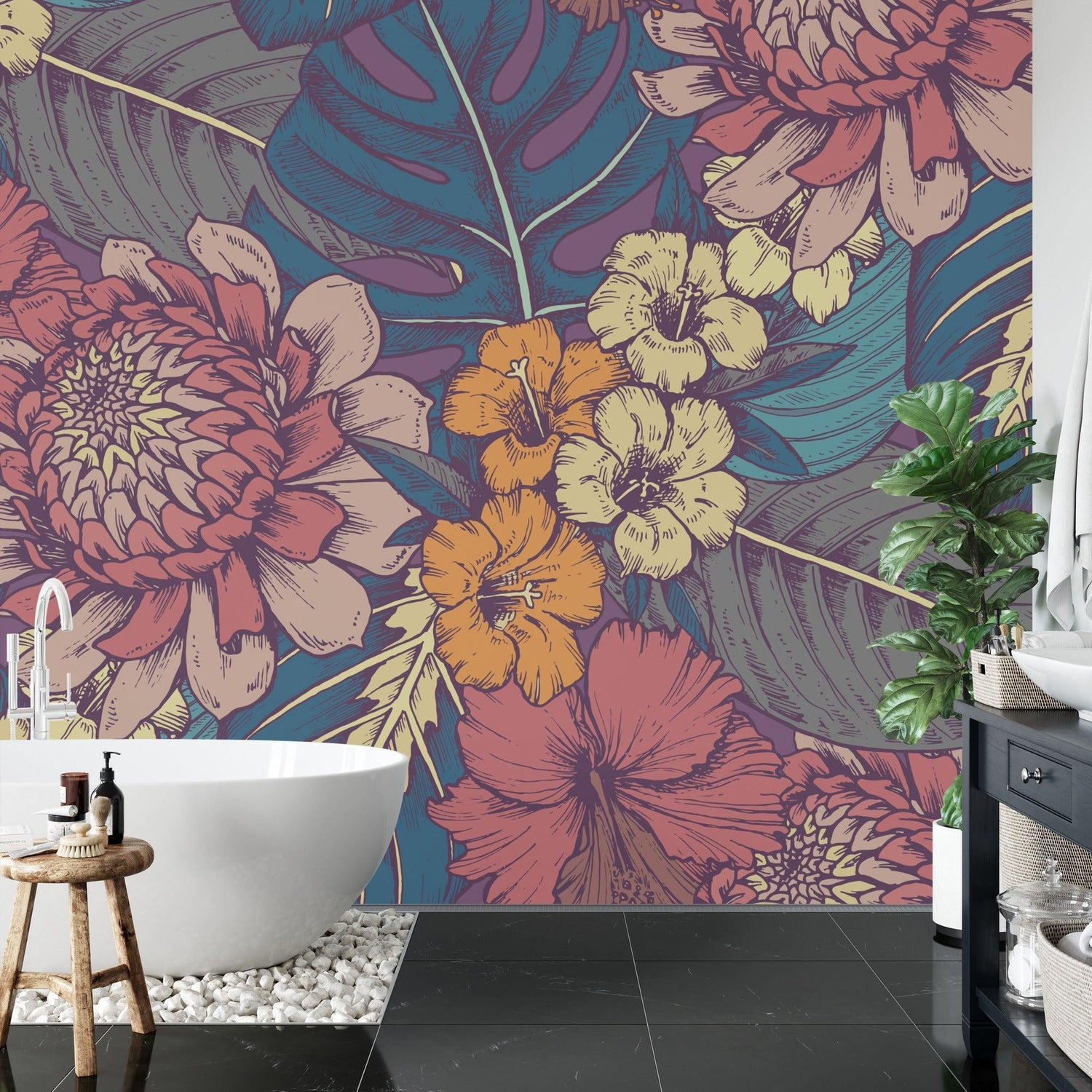 Tropical monstera leaf wallpaper adding warmth to a dining room setting