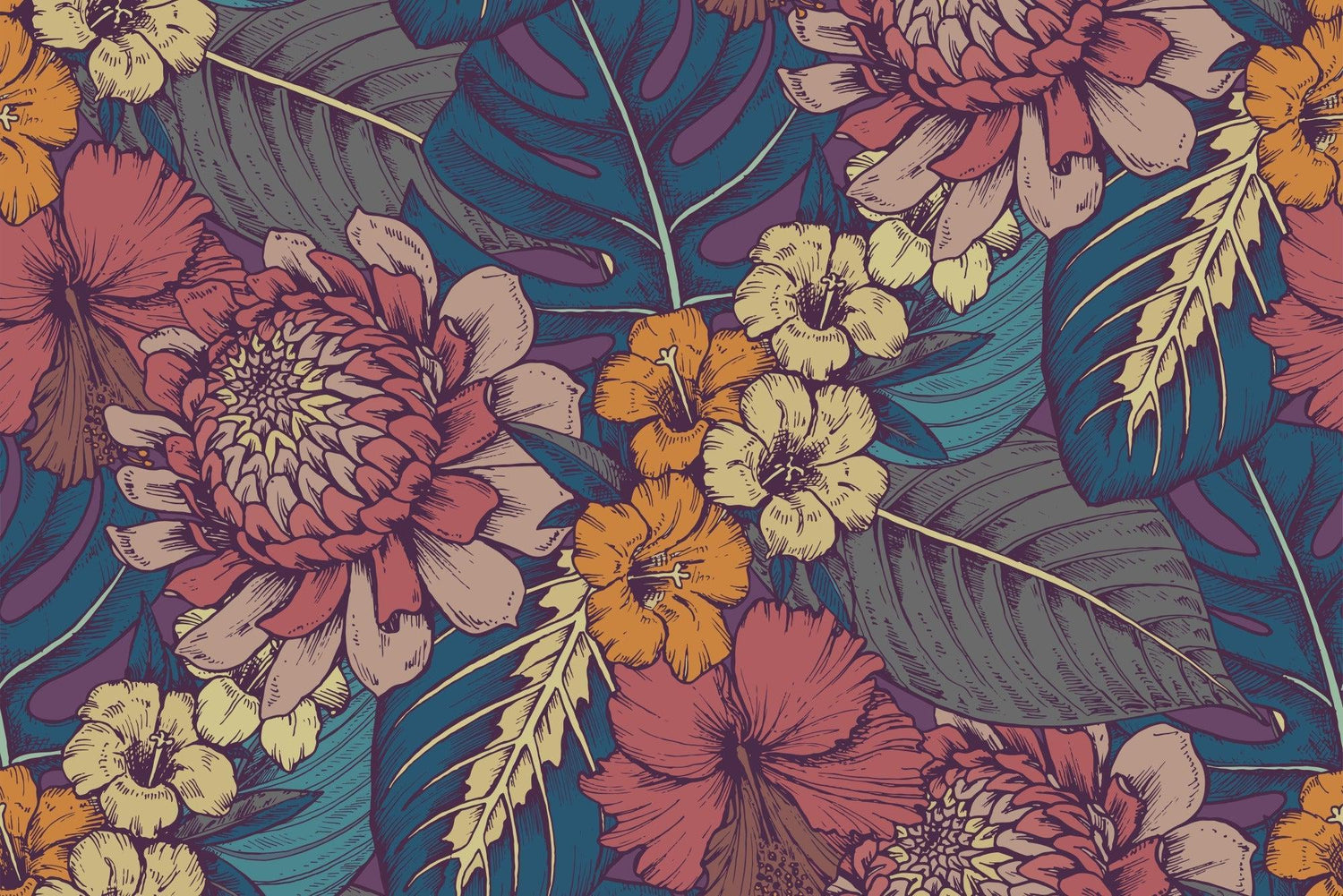 Design file of tropical floral pattern with hibiscus blooms and monstera leaves in rich colors
