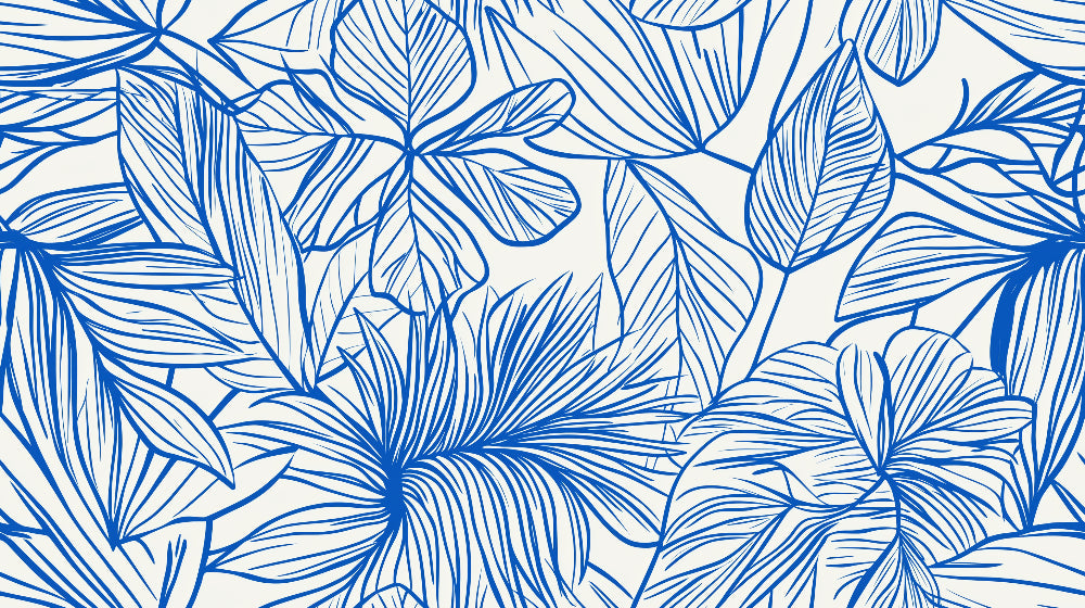 Tropical foliage line art wallpaper design file showing detailed blue botanical pattern on white background