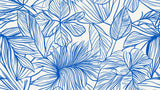 Tropical foliage line art wallpaper design file showing detailed blue botanical pattern on white background
