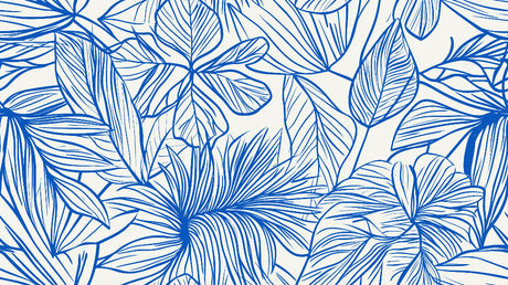 Tropical foliage line art wallpaper design file showing detailed blue botanical pattern on white background