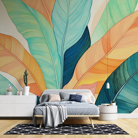 Tropical leaf wallpaper in modern living room showing watercolor foliage pattern in turquoise and orange tones