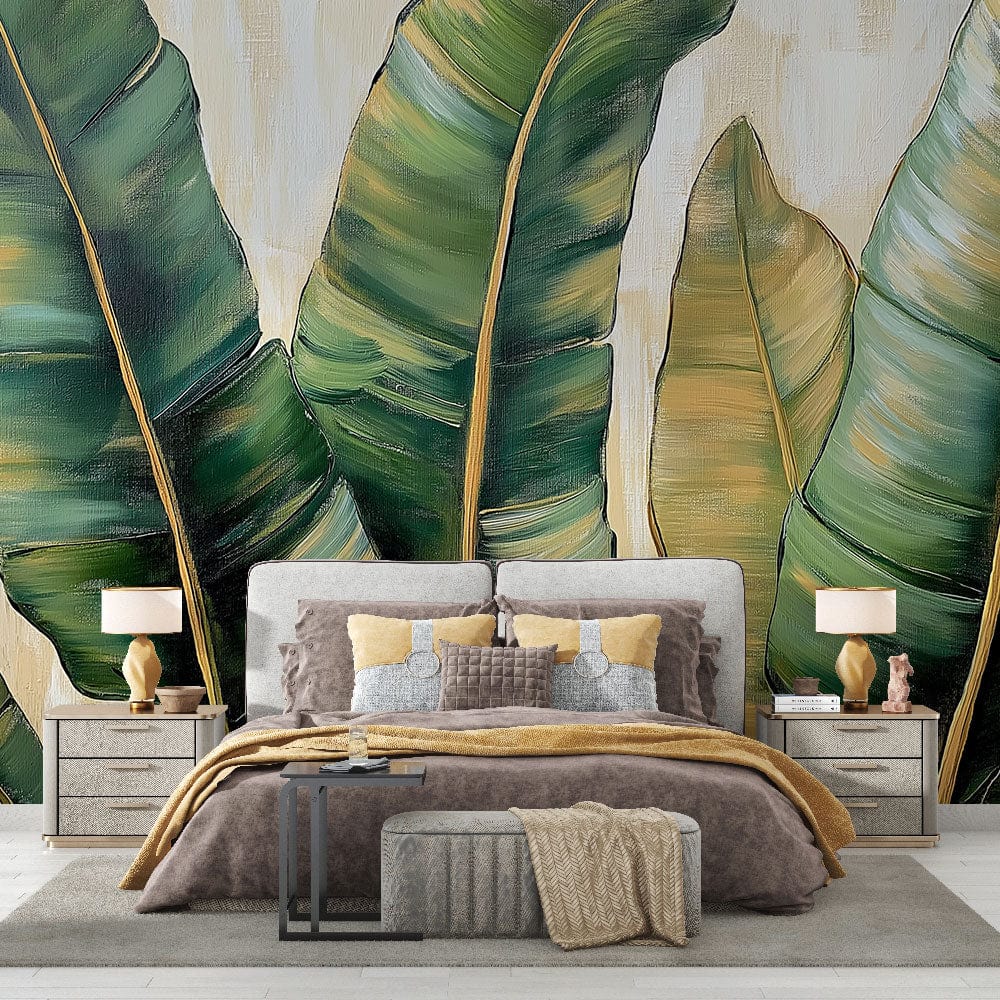 Tropical leaf wallpaper with gold accents creating a luxurious atmosphere in a modern living room with natural light