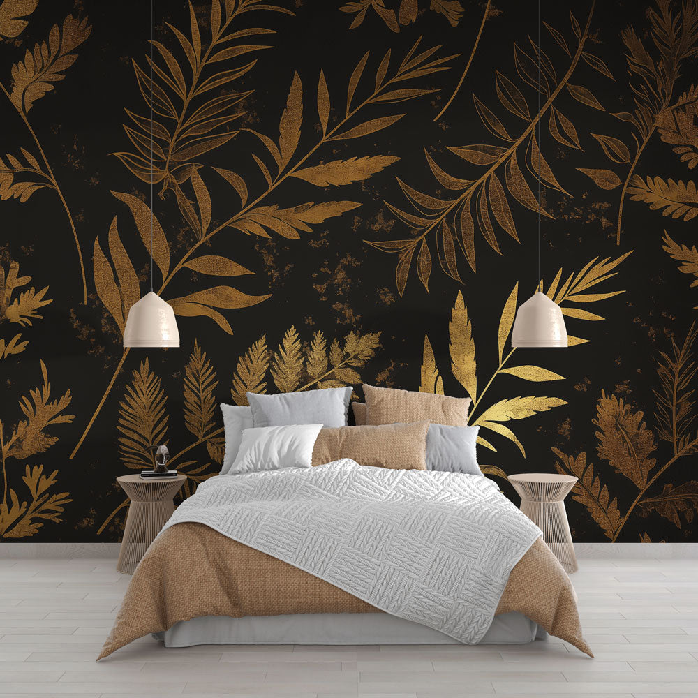 Black and gold botanical wallpaper creating a luxurious atmosphere in a modern dining room with ambient lighting