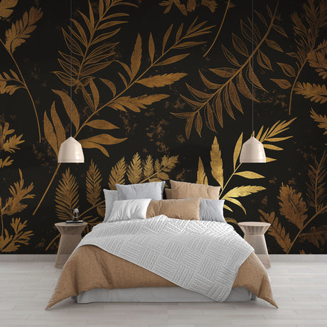 Black and gold botanical wallpaper creating a luxurious atmosphere in a modern dining room with ambient lighting
