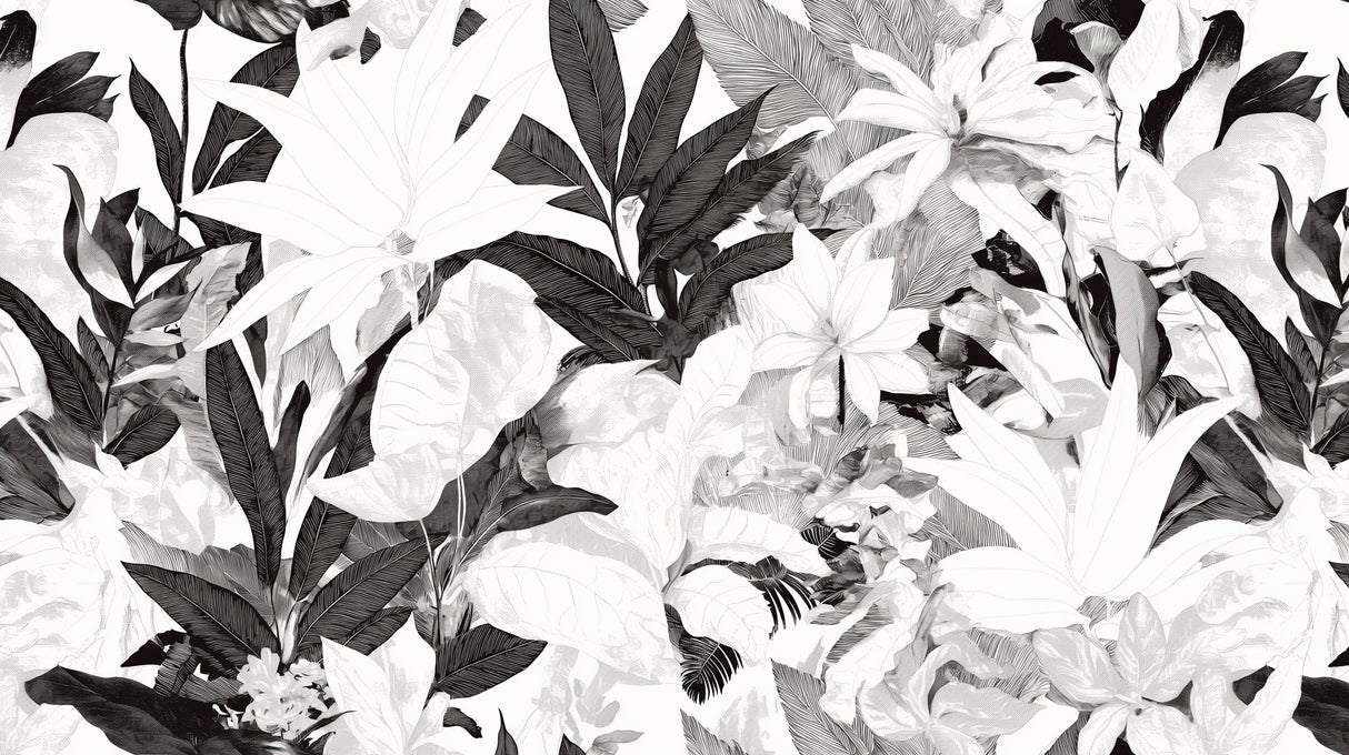 Black and white botanical wallpaper design file showing detailed tropical foliage pattern