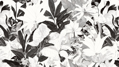 Black and white botanical wallpaper design file showing detailed tropical foliage pattern