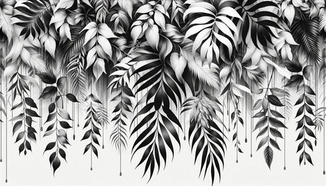Black and white botanical design file showing detailed tropical leaf pattern and intricate line work